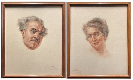 Aldo Mazza Coppia di "Ritatti dei Signori Vallardi" tecniche miste su carta (cm