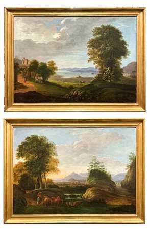 Scuola del secolo XIX

"Coppia di Paesaggi con figure e armenti" 
oli su tela (