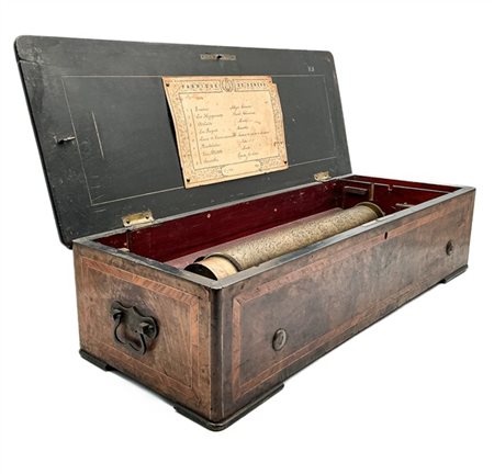 Scatola musicale a cilindro in custodia di legno filettata, movimento a singola