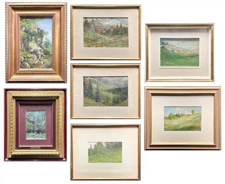 Lotto composto da sette paesaggi ad olio di diversi autori, misure e supporti (