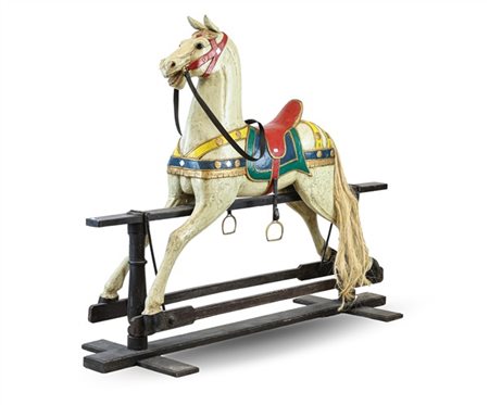 Cavallo da giostra in legno dipinto in policromia e altri materiali (cm 150x120