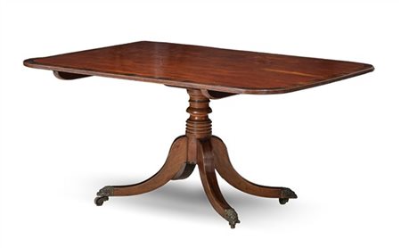 Tavolo a vela in mogano con piano rettangolare ad angoli arrotondati, sostegno