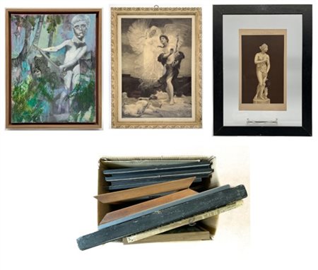 Cartone contenente numerose stampe, dipinti e riproduzioni di diversa epoca (di