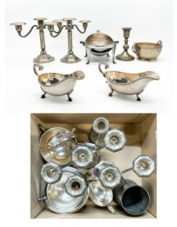 Cartone contenente numerosi oggetti in metallo argentato di usi e decori divers