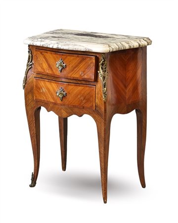 Mobiletto a due cassetti in stile Luigi XV impiallacciato e filettato in legni