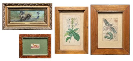 Cartone contenente diversi dipinti e stampe di soggetti, epoche e misure differ