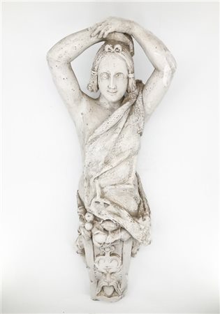 Modello di cariatide in gesso e tessuto dipinto con base a mascherone (h cm 64)