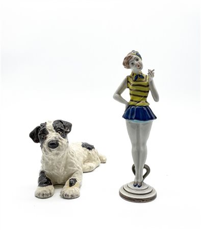 Lotto composto da una figura di cane jack russel in porcellana, Goldscheider, V