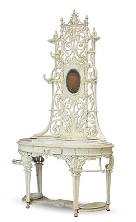 Mobile da ingresso in ghisa fusa e verniciata di forma ovale con piano in marmo