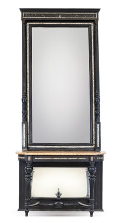 Console con specchiera in legno ebanizzato con piano sagomato in marmo rosso Ve