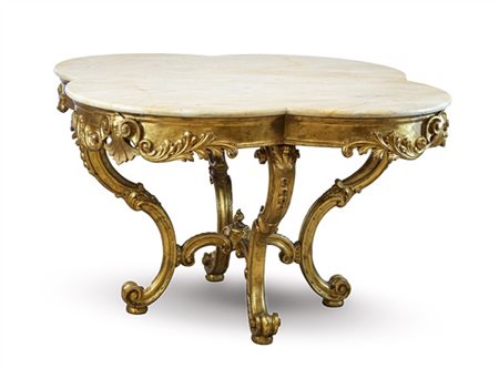 Tavolo da centro in legno intagliato e dorato con gambe a volute contrapposte r