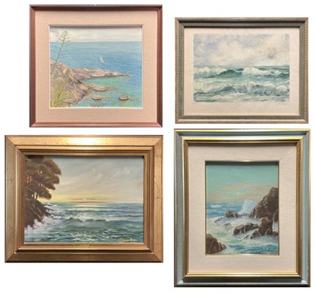 Lotto composto da tre dipinti ad olio e un'incisione raffiguranti "Marine", di