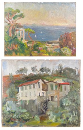 Donato Frisia "Lotto composto da tre "Paesaggi" ad olio su diversi supporti (cm