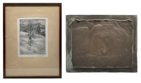 Lotto composto da un pannello in bronzo raffigurante fanciullo e un'acquaforte