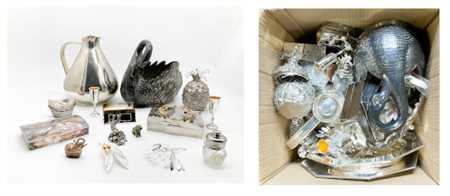 Cartone contenente numerosi oggetti in metallo argentato e altri metalli di div