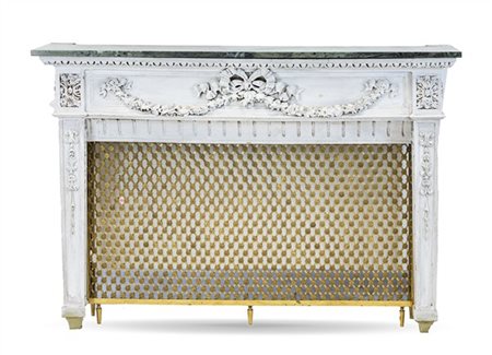 Copricalorifero di gusto neoclassico in legno intagliato e laccato bianco con f