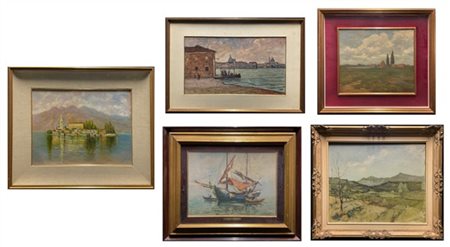 Scuola del secolo XX, Lotto composto da cinque dipinti raffiguranti "Paesaggi"