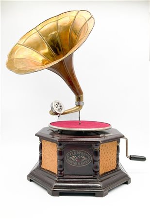 Grammofono a manovella in legno di forma ottagonale con tromba in ottone laccat
