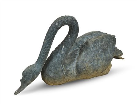 Figura da giardino in bronzo patinato a forma di cigno (cm 80x36x25) (difetti e