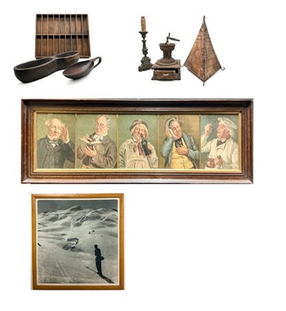 Lotto composto da un cartone contenente diversi oggetti in legno e altri materi