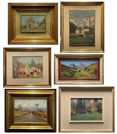 Scuola del secolo XX, Lotto composto da sei dipinti ad olio su diversi supporti