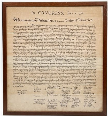 Stampa della Carta del Congresso americano del 4 luglio 1776. "The unanimous De