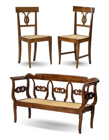 Lotto composto da un divano in noce con schienale e fianchi a giorno, cartelle