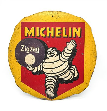 Michelin. Insegna pubblicitaria "Zig Zag" policroma in masonite sagomata (d cm