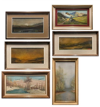 Lotto composto da sei dipinti ad olio raffiguranti "Paesaggi" di diversi autori