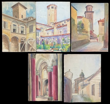 Ignoto del secolo XX, Lotto composto da cinque "Vedute architettoniche" ad acqu