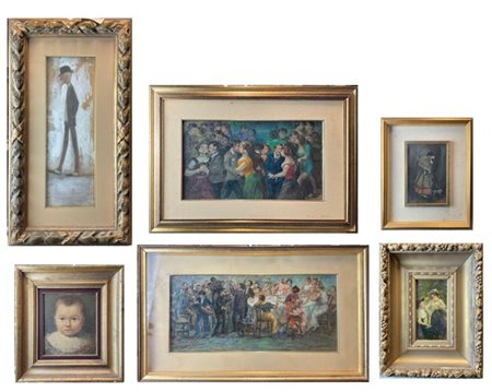 Cartone contenente otto dipinti ad olio di soggetto, autori e misure differenti