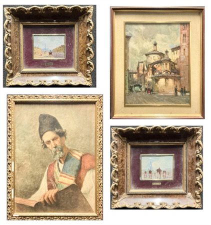 Lotto composto da tre dipinti ad olio e un acquerello di diversi autori, sogget