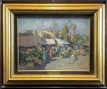 Giuseppe Pesa "Il mercato di Zoagli" 
olio su compensato (cm 30x40)
firmato in b