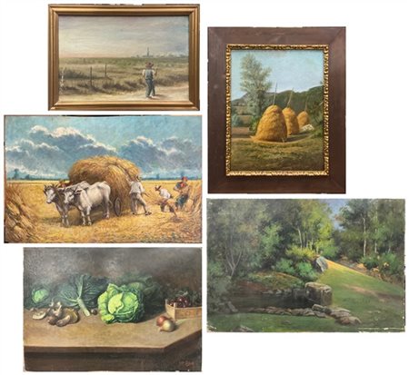 Lotto composto da cinque dipinti ad olio su compensato, di diversi autori, sogg