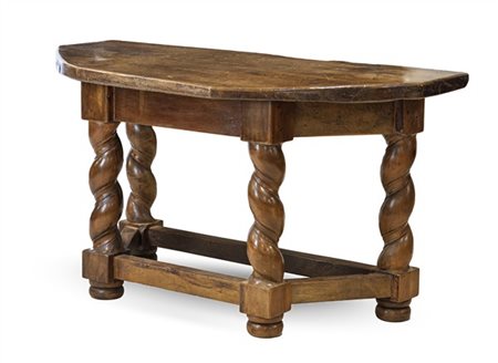 Tavolo da parete con piano scantonato, gambe tortili raccordate da traverse squ