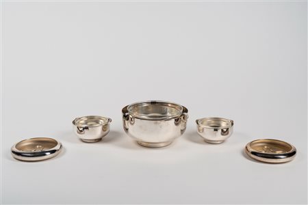 Sabattini, Coppa da macedonia con due ciotole e due sottobottiglia in metallo argentato e vetro