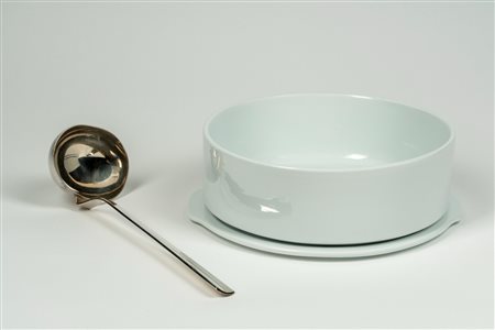 Sabattini. Ciotola da portata in ceramica smaltata bianca serie Pragma e mestolo in metallo argentato