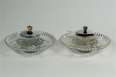 Kromex Lazy Susan coppia di vassoi girevoli  in metallo cromato e vetro per antipasti, American manufacturing, 1960s