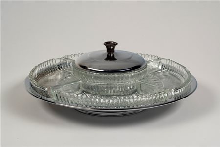 Kromex Lazy Susan vassoio girevole in metallo cromato e vetro per antipasto, American manufacturing, 1970s