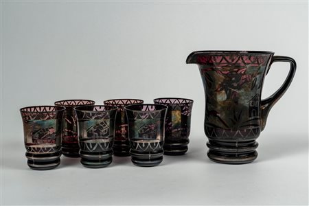 Una brocca e sei bicchieri in vetro color ametista e argentato, 20th century