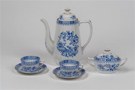 Servizio da caffe tete-à-tete in porcellana bianca costolata con profili dorati con decoro all'orientale in blu, Seltmann Weiden, Bavaria Germania