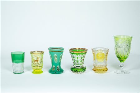 Sei bicchieri in cristallo e vetro trasparente e policromo nei toni del verde e del giallo, Different manufactures, 19th-30th century