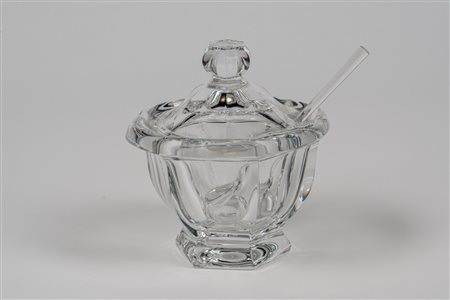 Mostardiera in cristallo incolore con copechio e cucchiaio, Baccarat France
