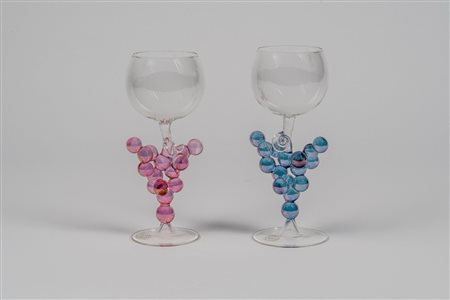 Coppia di calici in vetro soffiato trasparente e policromo, XX secolo
