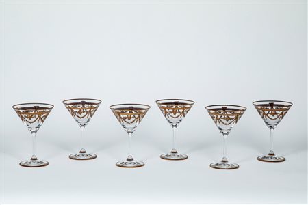 Set di sei coppe da Martini in cristallo con decori classici e profili dorati