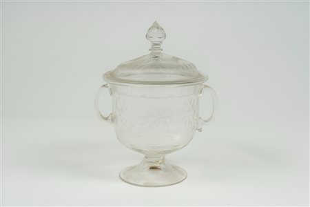 Porta bonbon  in vetro biansato con coperchio, fine secolo XIX-inizio XX