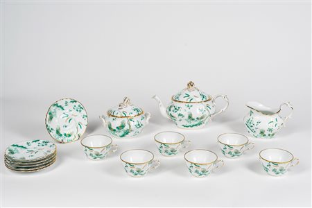 Richard Ginori, servizio da tè in porcellana da sei con profili in oro e decoro nei toni del verde