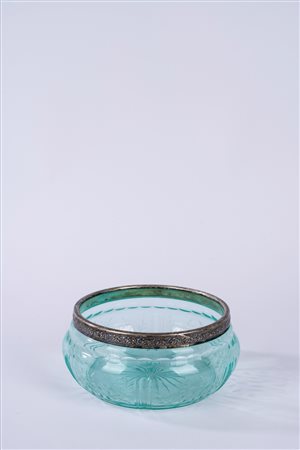 Centrotavola in vetro verde con bordo in argento, Art Decò