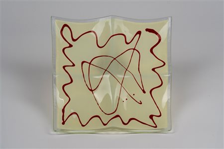 Antipastiera quadripartita in vetro trasparente e policromo di Murano con decoro stilizzato