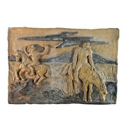 Placca in maiolica a basso rilievo, raffigurante Personaggi a cavallo....